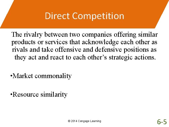 Direct Competition The rivalry between two companies offering similar products or services that acknowledge