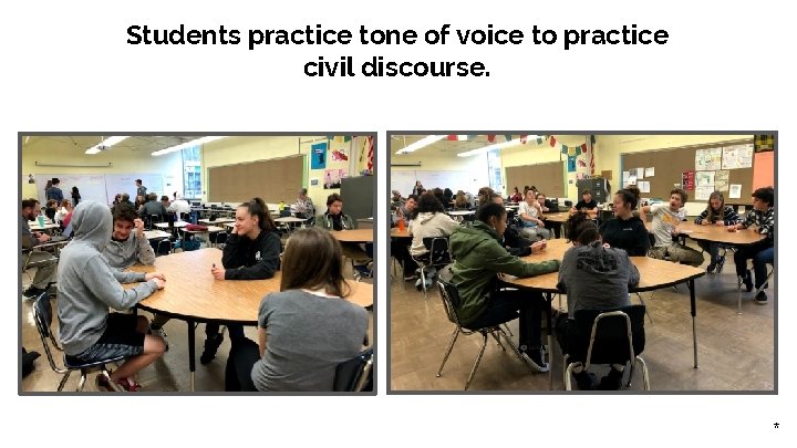 Students practice tone of voice to practice civil discourse. * 