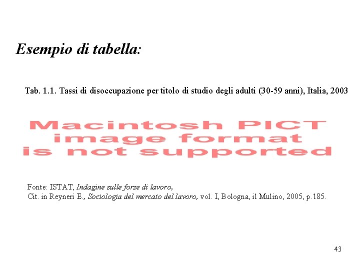 Esempio di tabella: Tab. 1. 1. Tassi di disoccupazione per titolo di studio degli