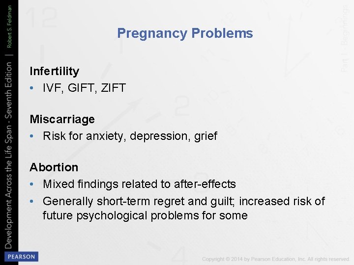 Pregnancy Problems Infertility • IVF, GIFT, ZIFT Miscarriage • Risk for anxiety, depression, grief