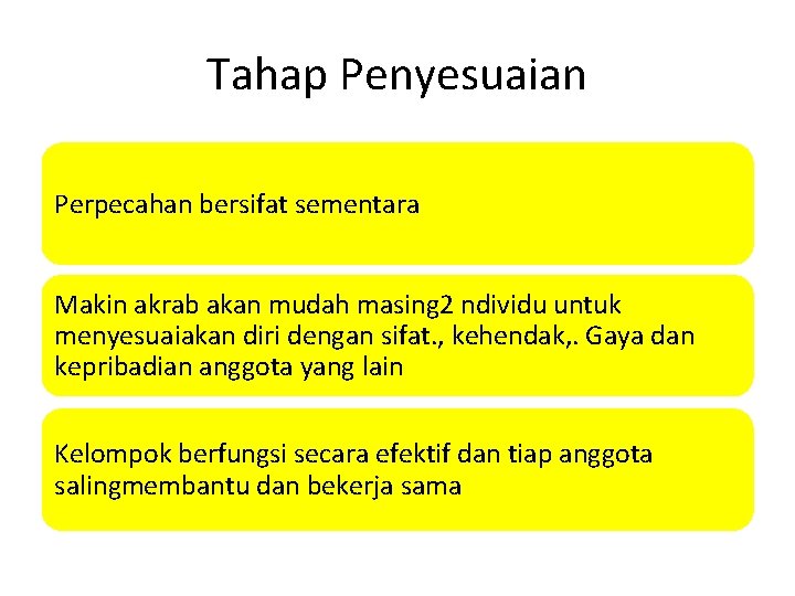 Tahap Penyesuaian Perpecahan bersifat sementara Makin akrab akan mudah masing 2 ndividu untuk menyesuaiakan