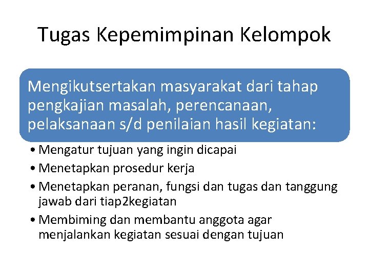 Tugas Kepemimpinan Kelompok Mengikutsertakan masyarakat dari tahap pengkajian masalah, perencanaan, pelaksanaan s/d penilaian hasil Tugas Kepemimpinan Kelompok Mengikutsertakan masyarakat dari tahap pengkajian masalah, perencanaan, pelaksanaan s/d penilaian hasil