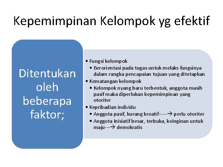 Kepemimpinan Kelompok yg efektif Ditentukan oleh beberapa faktor; • Fungsi kelompok • Berorientasi pada