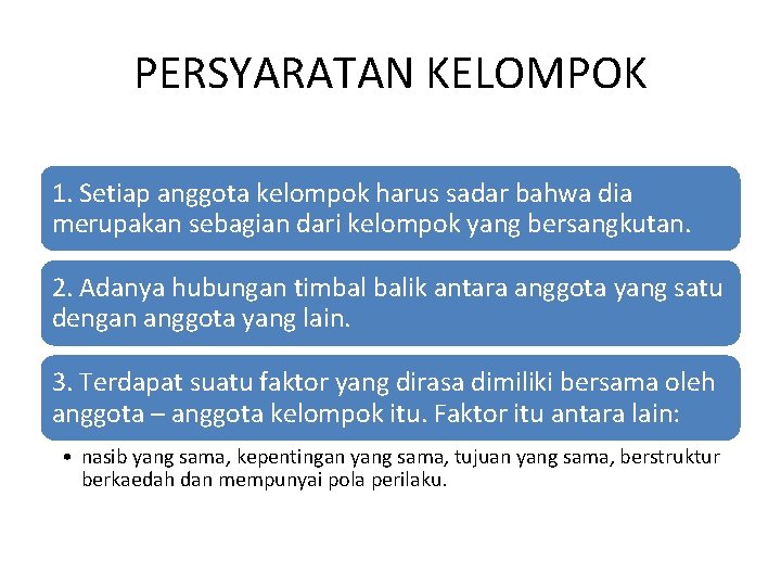 PERSYARATAN KELOMPOK 1. Setiap anggota kelompok harus sadar bahwa dia merupakan sebagian dari kelompok PERSYARATAN KELOMPOK 1. Setiap anggota kelompok harus sadar bahwa dia merupakan sebagian dari kelompok