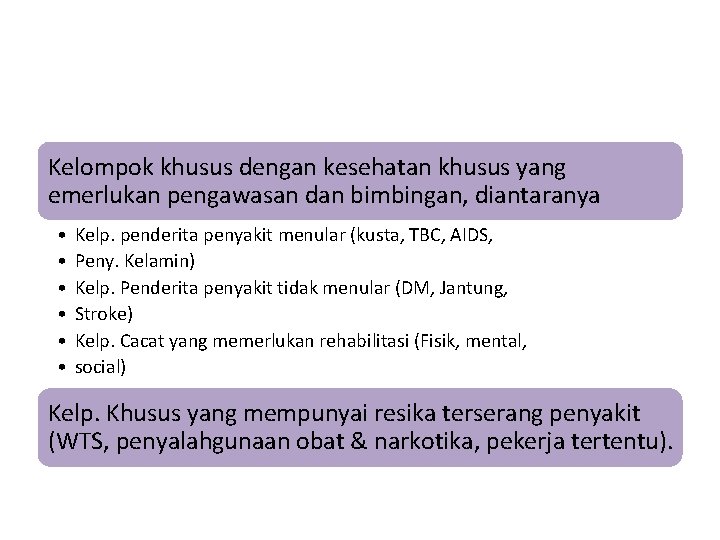 Kelompok khusus dengan kesehatan khusus yang emerlukan pengawasan dan bimbingan, diantaranya • • •