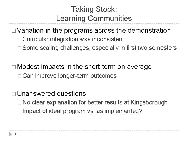 Taking Stock: Learning Communities � Variation in the programs across the demonstration � Curricular Taking Stock: Learning Communities � Variation in the programs across the demonstration � Curricular