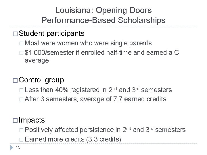 Louisiana: Opening Doors Performance-Based Scholarships � Student participants � Most were women who were