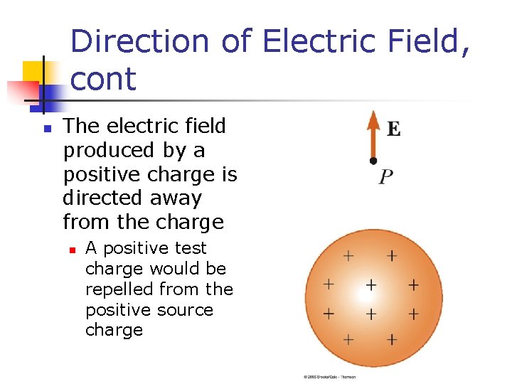 Direction of Electric Field, cont n The electric field produced by a positive charge