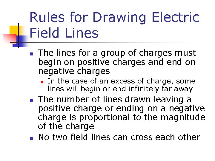 Rules for Drawing Electric Field Lines n The lines for a group of charges