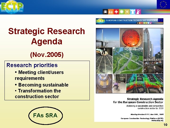 Strategic Research Agenda (Nov. 2005) Research priorities • Meeting client/users requirements • Becoming sustainable