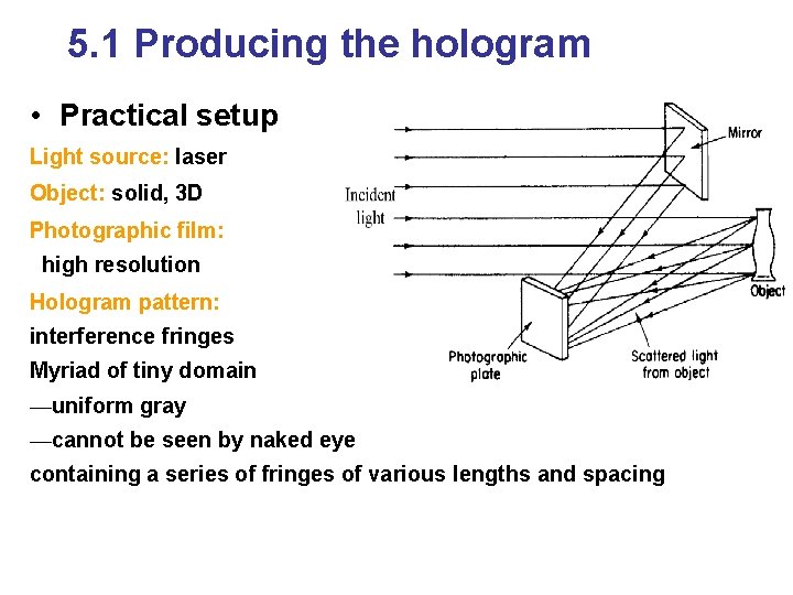 5. 1 Producing the hologram • Practical setup Light source: laser Object: solid, 3