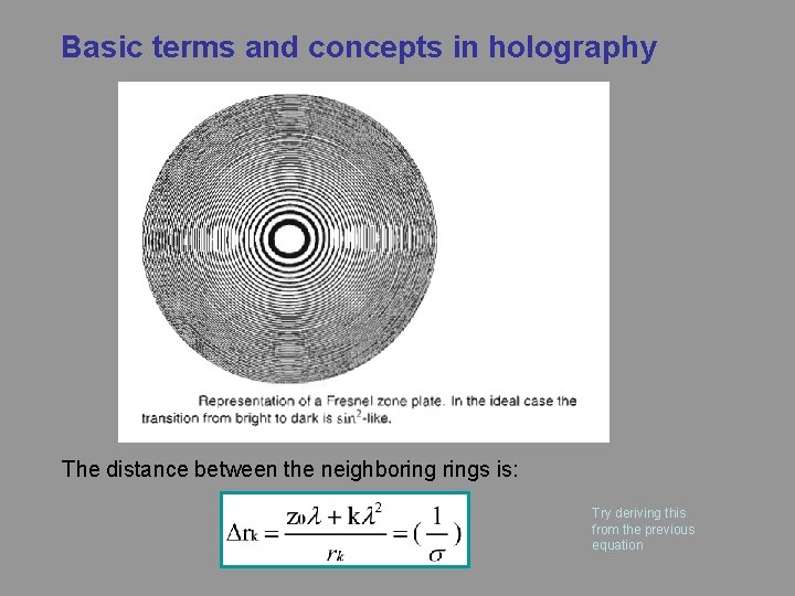 Basic terms and concepts in holography The distance between the neighborings is: Try deriving