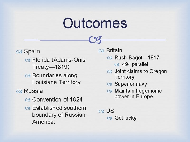 Outcomes Spain Florida (Adams-Onis Treaty— 1819) Boundaries along Louisiana Territory Russia Convention of 1824