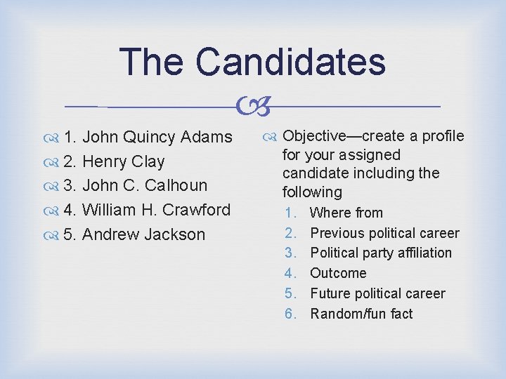 The Candidates 1. John Quincy Adams 2. Henry Clay 3. John C. Calhoun 4.