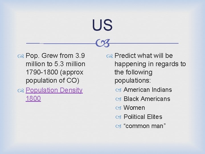 US Pop. Grew from 3. 9 million to 5. 3 million 1790 -1800 (approx