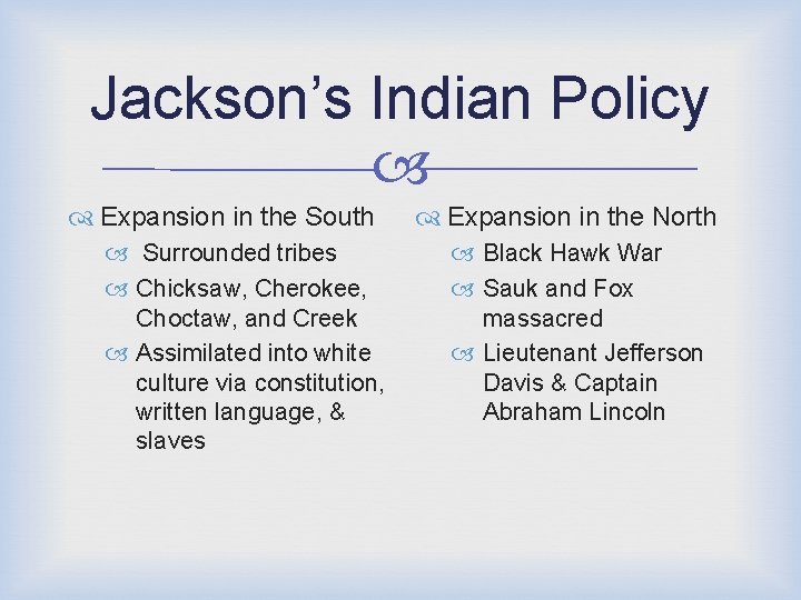 Jackson’s Indian Policy Expansion in the South Surrounded tribes Chicksaw, Cherokee, Choctaw, and Creek