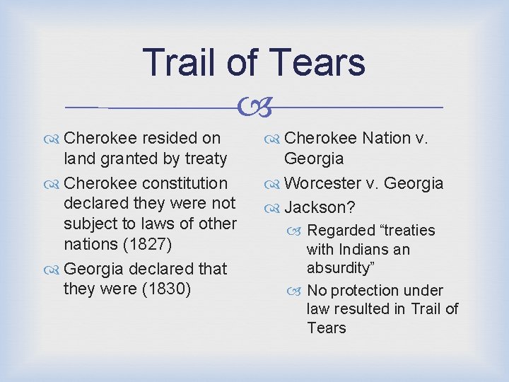 Trail of Tears Cherokee resided on land granted by treaty Cherokee constitution declared they