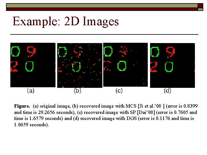 Example: 2 D Images Figure. (a) original image, (b) recovered image with MCS [Ji