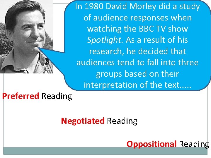 Preferred Reading In 1980 David Morley did a study of audience responses when watching