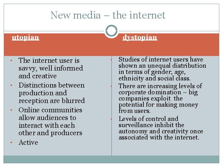 New media – the internet utopian • The internet user is savvy, well informed