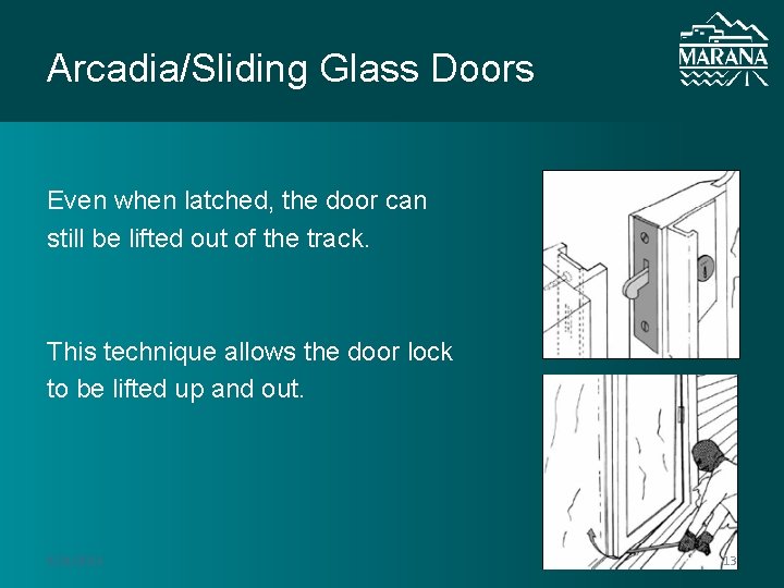 Arcadia/Sliding Glass Doors Even when latched, the door can still be lifted out of Arcadia/Sliding Glass Doors Even when latched, the door can still be lifted out of
