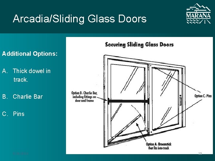 Arcadia/Sliding Glass Doors Additional Options: A. Thick dowel in track. B. Charlie Bar C. Arcadia/Sliding Glass Doors Additional Options: A. Thick dowel in track. B. Charlie Bar C.