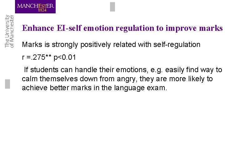 Enhance EI-self emotion regulation to improve marks Marks is strongly positively related with self-regulation Enhance EI-self emotion regulation to improve marks Marks is strongly positively related with self-regulation