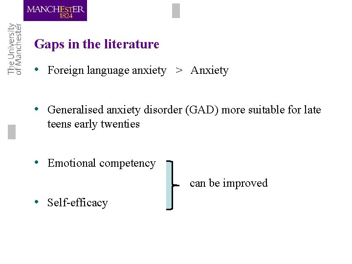 Gaps in the literature • Foreign language anxiety > Anxiety • Generalised anxiety disorder Gaps in the literature • Foreign language anxiety > Anxiety • Generalised anxiety disorder