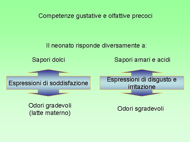 Competenze gustative e olfattive precoci Il neonato risponde diversamente a: Sapori dolci Sapori amari Competenze gustative e olfattive precoci Il neonato risponde diversamente a: Sapori dolci Sapori amari