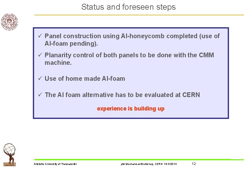 Status and foreseen steps ü Panel construction using Al-honeycomb completed (use of Al-foam pending).