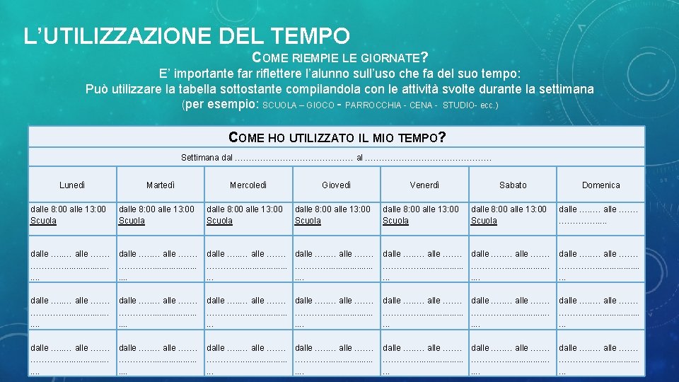 L’UTILIZZAZIONE DEL TEMPO COME RIEMPIE LE GIORNATE? E’ importante far riflettere l’alunno sull’uso che