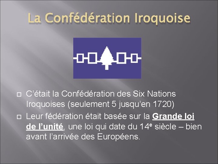 La Confédération Iroquoise C’était la Confédération des Six Nations Iroquoises (seulement 5 jusqu’en 1720)