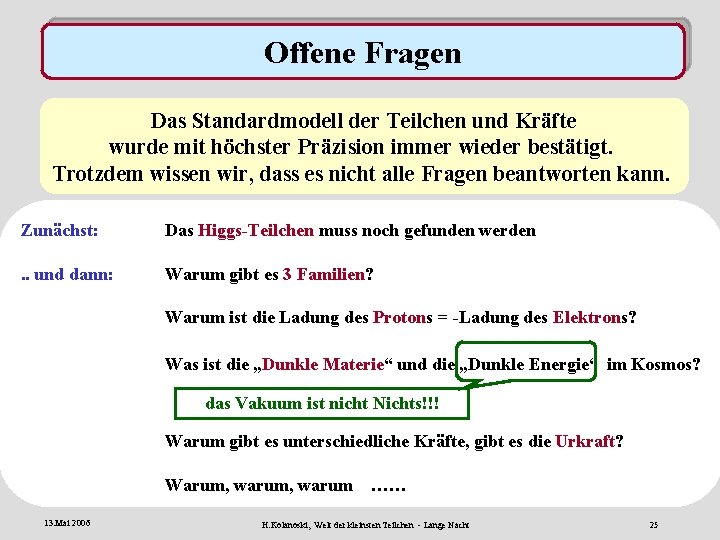 Offene Fragen Das Standardmodell der Teilchen und Kräfte wurde mit höchster Präzision immer wieder