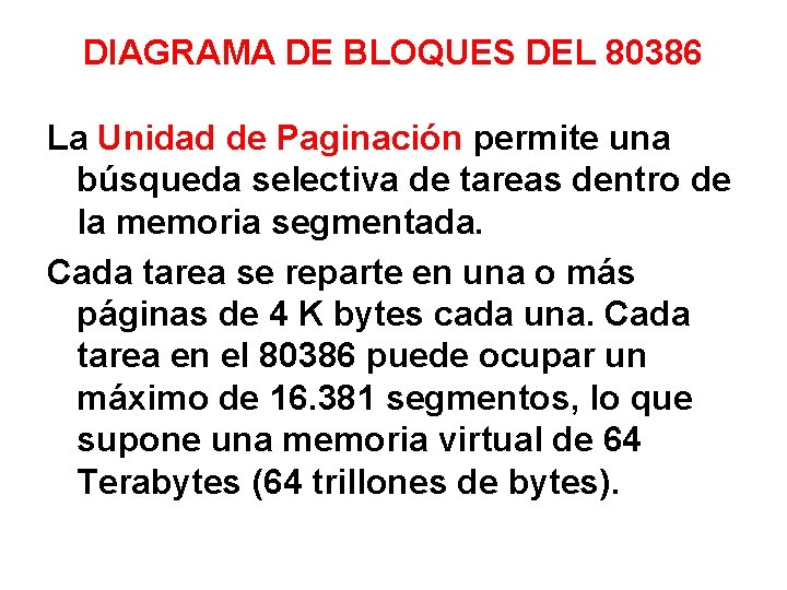 DIAGRAMA DE BLOQUES DEL 80386 La Unidad de Paginación permite una búsqueda selectiva de