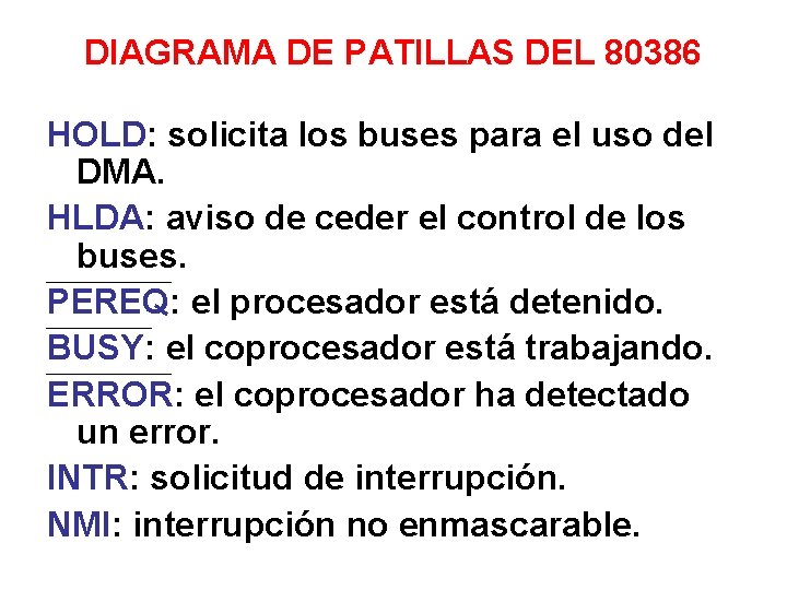 DIAGRAMA DE PATILLAS DEL 80386 HOLD: solicita los buses para el uso del DMA.