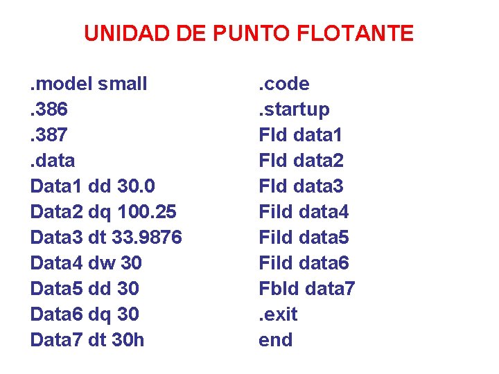 UNIDAD DE PUNTO FLOTANTE. model small. 386. 387. data Data 1 dd 30. 0