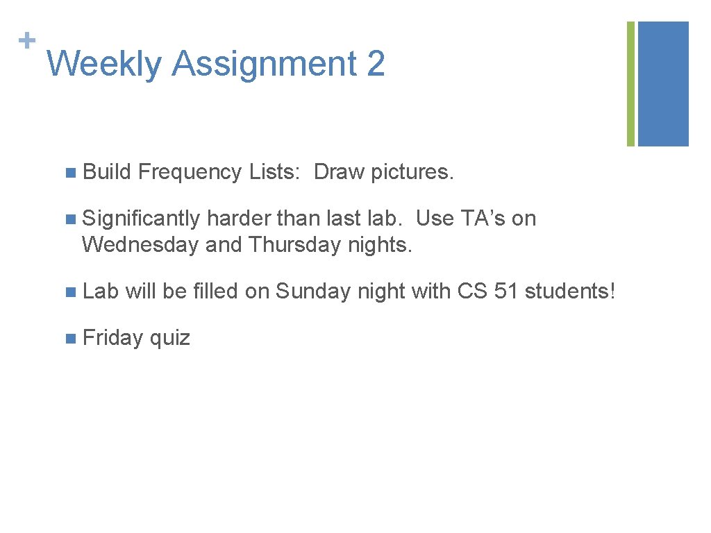 + Weekly Assignment 2 n Build Frequency Lists: Draw pictures. n Significantly harder than