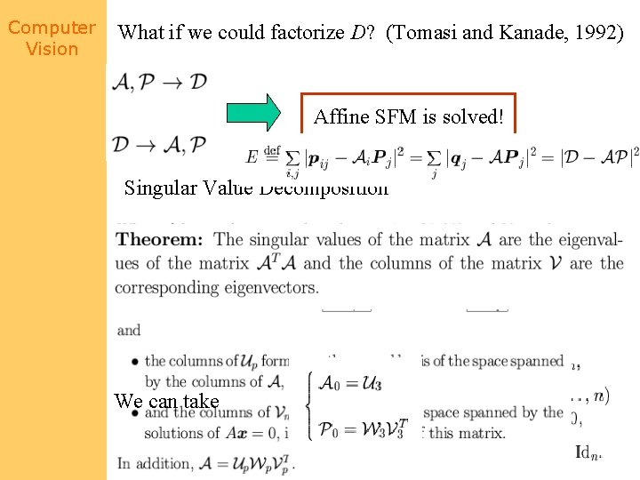 Computer Vision What if we could factorize D? (Tomasi and Kanade, 1992) Affine SFM