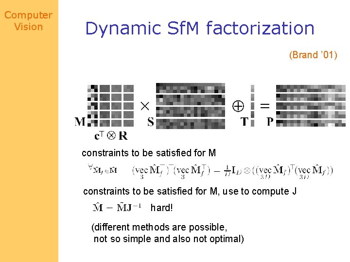 Computer Vision Dynamic Sf. M factorization (Brand ’ 01) constraints to be satisfied for