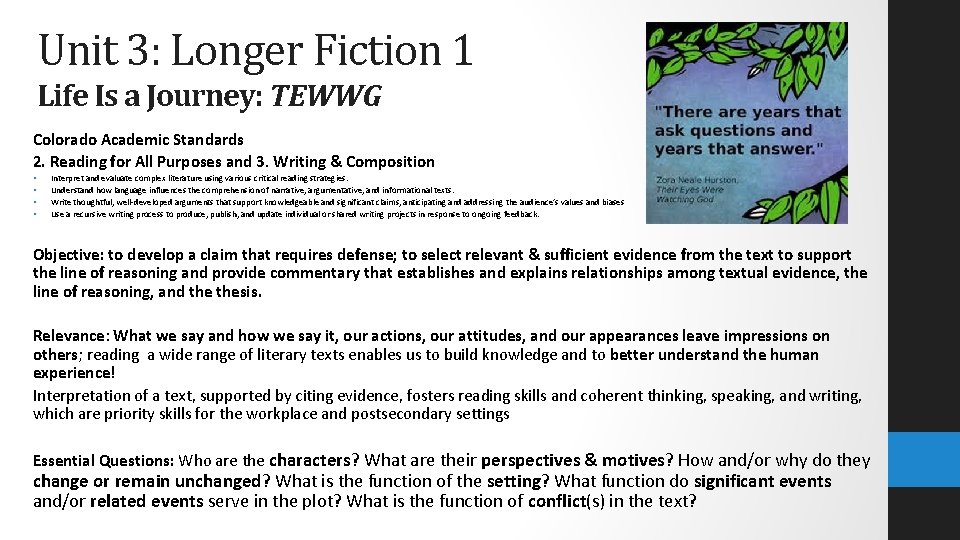 Unit 3: Longer Fiction 1 Life Is a Journey: TEWWG Colorado Academic Standards 2.