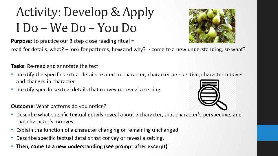 Activity: Develop & Apply I Do – We Do – You Do Purpose: to