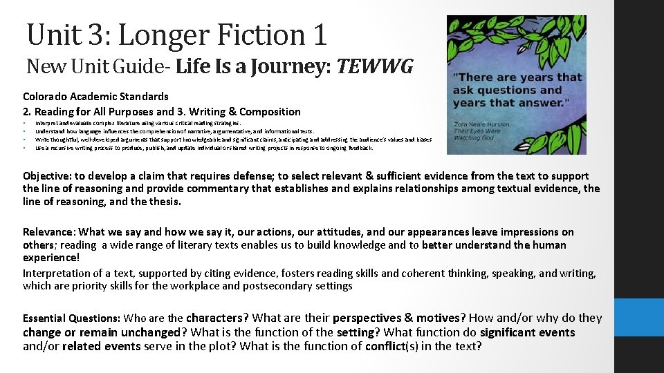 Unit 3: Longer Fiction 1 New Unit Guide- Life Is a Journey: TEWWG Colorado