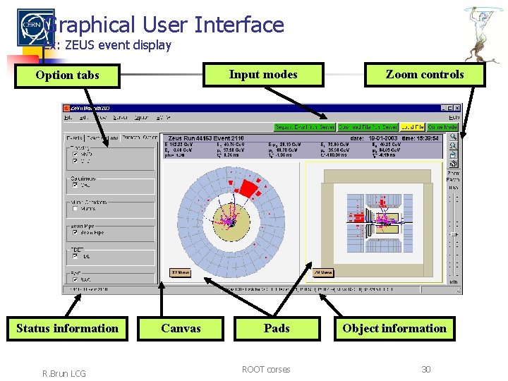 Graphical User Interface Ex: ZEUS event display Input modes Option tabs Status information R.