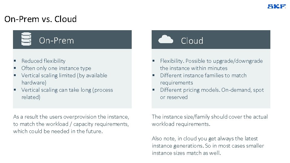 On-Prem vs. Cloud On-Prem Cloud § Reduced flexibility § Often only one instance type