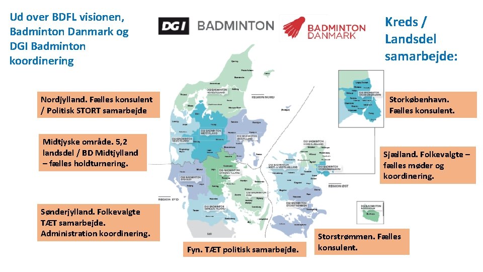 Ud over BDFL visionen, Badminton Danmark og DGI Badminton koordinering Kreds / Landsdel samarbejde: