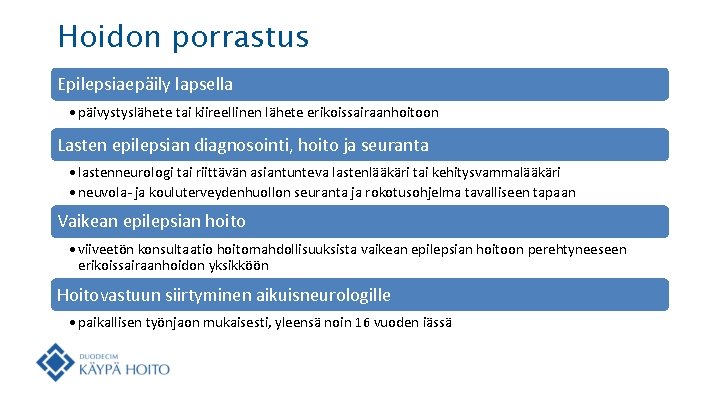 Hoidon porrastus Epilepsiaepäily lapsella • päivystyslähete tai kiireellinen lähete erikoissairaanhoitoon Lasten epilepsian diagnosointi, hoito