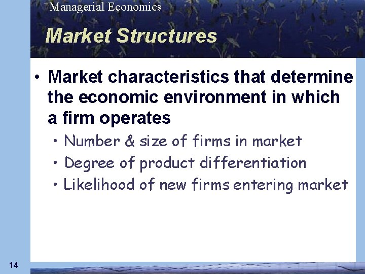 Managerial Economics Market Structures • Market characteristics that determine the economic environment in which
