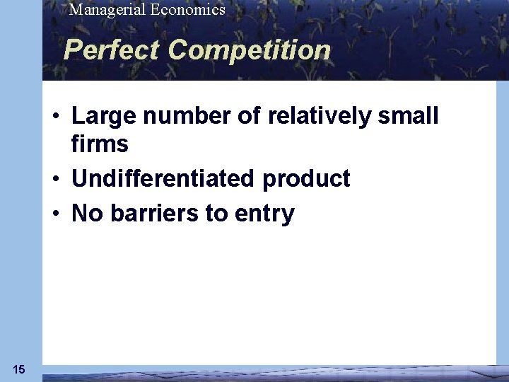 Managerial Economics Perfect Competition • Large number of relatively small firms • Undifferentiated product