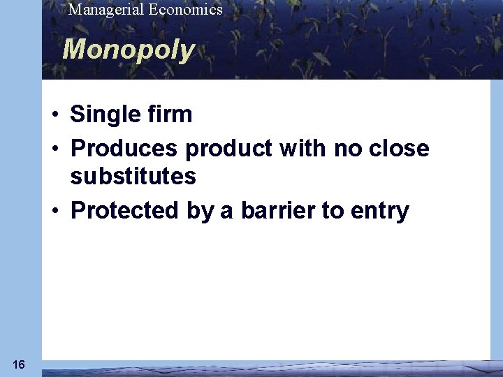 Managerial Economics Monopoly • Single firm • Produces product with no close substitutes •