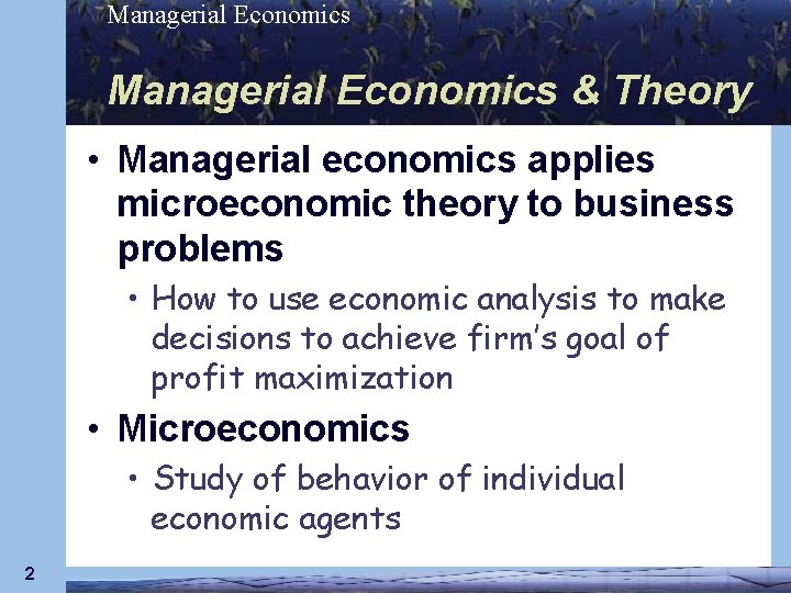 Managerial Economics & Theory • Managerial economics applies microeconomic theory to business problems •